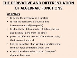 THE DERIVATIVE AND DIFFERENTIATION OF ALGEBRAIC FUNCTIONS OBJECTIVES
