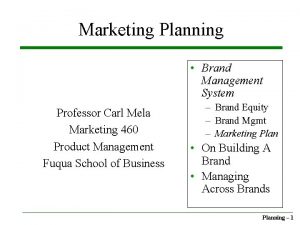 Marketing Planning Brand Management System Professor Carl Mela