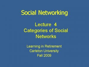 Social Networking Lecture 4 Categories of Social Networks