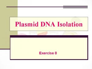 Plasmid DNA Isolation Exercise 8 Experiment Goals n