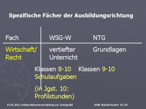 Spezifische Fcher der Ausbildungsrichtung Fach WSGW NTG Wirtschaft