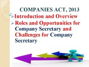 COMPANIES ACT 2013 Introduction and Overview Roles and