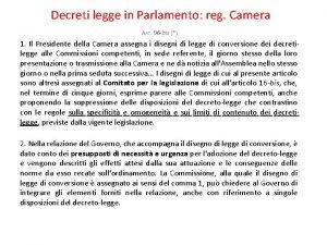 Decreti legge in Parlamento reg Camera ART 96