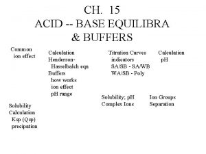 CH 15 ACID BASE EQUILIBRA BUFFERS Common ion