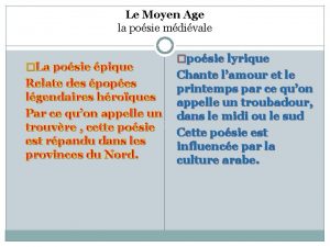 Le Moyen Age la posie mdivale La posie