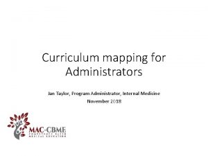 Curriculum mapping for Administrators Jan Taylor Program Administrator