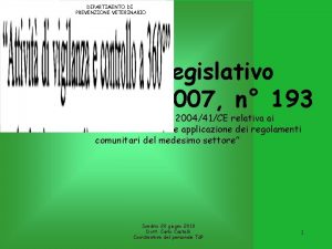 DIPARTIMENTO DI PREVENZIONE VETERINARIO Decreto Legislativo 6 novembre