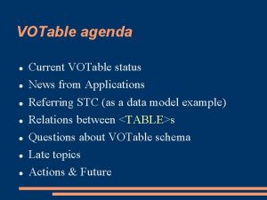 VOTable agenda Current VOTable status News from Applications