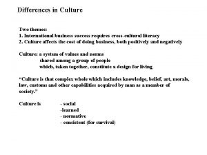 Differences in Culture Two themes 1 International business