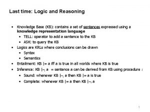 Last time Logic and Reasoning Knowledge Base KB