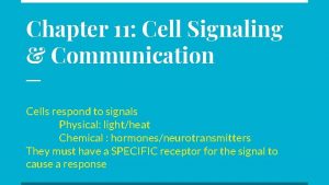 Chapter 11 Cell Signaling Communication Cells respond to