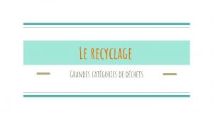 Le recyclage Grandes catgories de dchets Introduction Tous