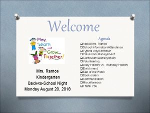 Welcome Agenda Mrs Ramos Kindergarten BacktoSchool Night Monday