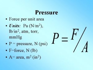 Pressure Force per unit area Units Pa Nm