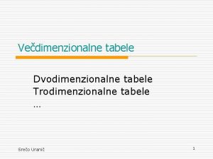 Vedimenzionalne tabele Dvodimenzionalne tabele Trodimenzionalne tabele Sreo Urani