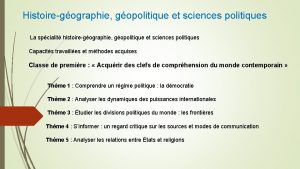 Histoiregographie gopolitique et sciences politiques La spcialit histoiregographie