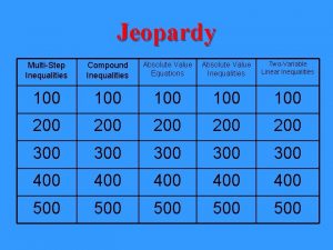 Jeopardy MultiStep Inequalities Compound Inequalities Absolute Value Equations