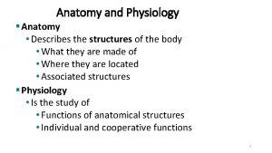 Anatomy and Physiology Anatomy Describes the structures of