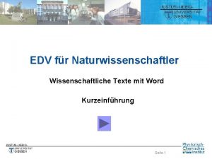 EDV fr Naturwissenschaftler Wissenschaftliche Texte mit Word Kurzeinfhrung