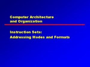 Computer Architecture and Organization Instruction Sets Addressing Modes