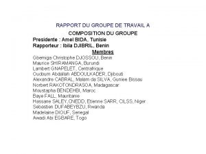 RAPPORT DU GROUPE DE TRAVAIL A COMPOSITION DU