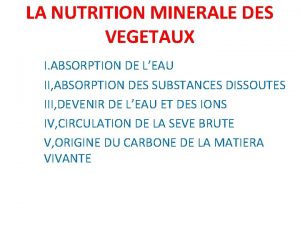 LA NUTRITION MINERALE DES VEGETAUX I ABSORPTION DE