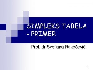SIMPLEKS TABELA PRIMER Prof dr Svetlana Rakoevi 1