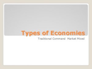 Types of Economies Traditional Command Market Mixed http