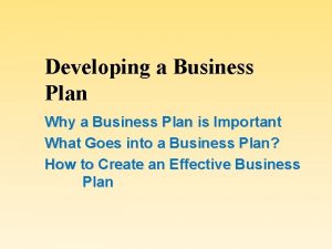 Developing a Business Plan Why a Business Plan