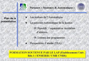 Parcours Systmes Automatique Plan de la prsentation Les