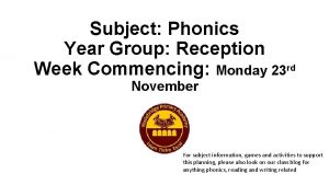 Subject Phonics Year Group Reception Week Commencing Monday
