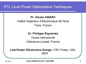 RTL Level Power Optimization Techniques Pr Amara AMARA