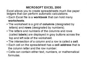 MICROSOFT EXCEL 2000 Excel allows you to create