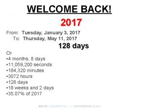 WELCOME BACK 2017 From Tuesday January 3 2017