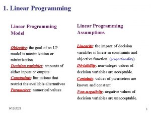 1 Linear Programming Model Linear Programming Assumptions Objective