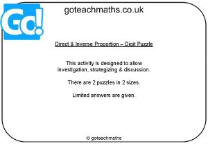 Direct Inverse Proportion Digit Puzzle This activity is