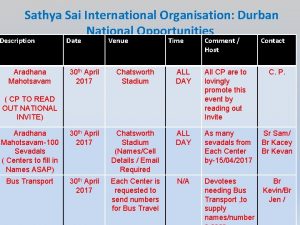 Sathya Sai International Organisation Durban National Opportunities Description