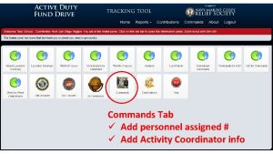 Commands Tab Add personnel assigned Add Activity Coordinator