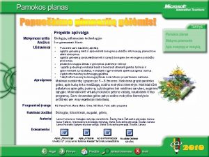 Projekto apvalga Mokymosi sritis Biologija informacins technologijos Amius