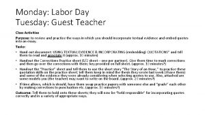 Monday Labor Day Tuesday Guest Teacher Class Activities