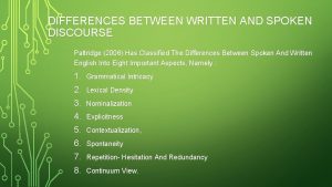 DIFFERENCES BETWEEN WRITTEN AND SPOKEN DISCOURSE Paltridge 2006