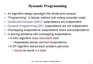 Dynamic Programming An algorithm design paradigm like divideandconquer