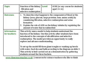 Topic Function of the kidney Level filtration and