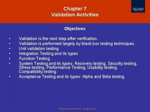Chapter 7 Validation Activities Objectives Validation is the