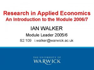 Research in Applied Economics An Introduction to the