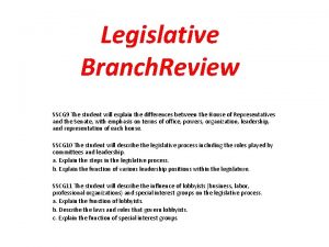 Legislative Branch Review SSCG 9 The student will