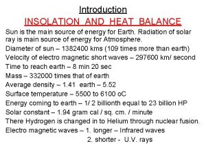 Introduction INSOLATION AND HEAT BALANCE Sun is the