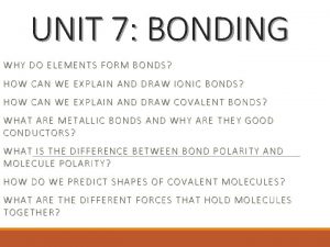 UNIT 7 BONDING WHY DO ELEMENTS FORM BONDS