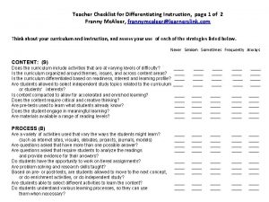 Teacher Checklist for Differentiating Instruction page 1 of