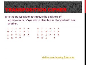 TRANSPOSITION CIPHER In the transposition technique the positions